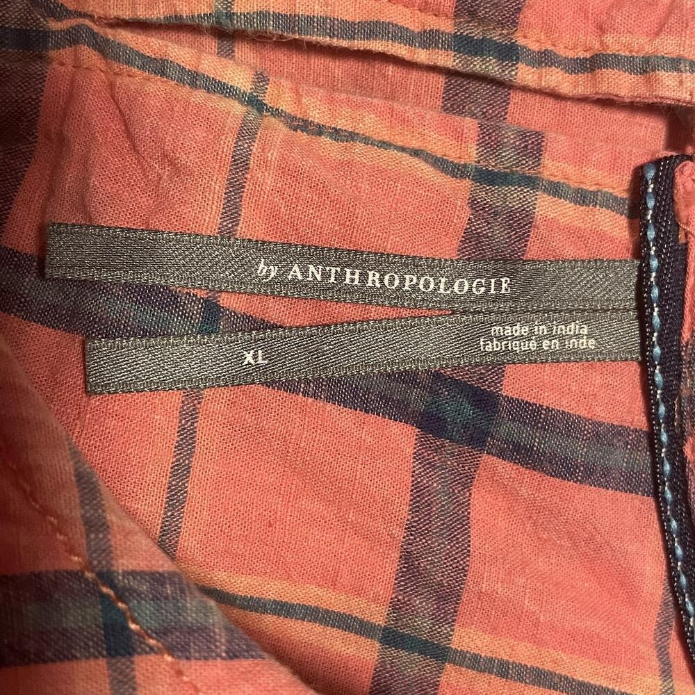 Anthropologie Coral Pink Plaid Ruffle-Sleeve Top - Picture 3 of 8